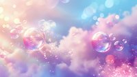 Dreamy sky with iridescent soap bubbles floating among pink and purple clouds, soft bokeh lights creating magical atmosphere. For fairy tale backgrounds.