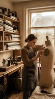 Young female tailor working on dress form in vintage sewing workshop with natural light streaming through window creating warm atmosphere for fashion design.