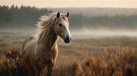 Majestic white horse with flowing mane standing in misty meadow at dawn, golden light illuminating wild grassland against forest backdrop.