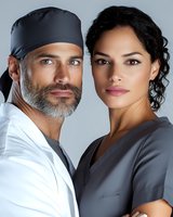 Professional medical team portrait featuring confident male surgeon with beard and female nurse colleague in scrubs for healthcare marketing materials.