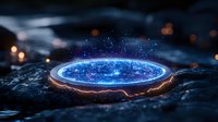 Mystical glowing portal with blue energy and lightning effects on dark rocky surface, surrounded by bokeh lights and magical particle effects.
