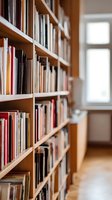 Wooden bookshelf filled with colorful books in home library with natural light streaming through window, creating cozy reading atmosphere.