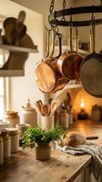 Rustic farmhouse kitchen with copper pots hanging from wrought iron rack above wooden counter with fresh herbs and artisan bread in warm ambient lighting.