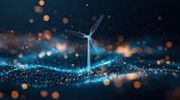 Wind turbine silhouette against glowing blue particle wave and golden bokeh lights background, representing clean energy and sustainable power generation.