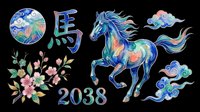 Colorful horse illustration with Chinese zodiac symbol, floral elements, and decorative clouds isolated on transparent background. Ready for t-shirt design, stickers, sublimation, print-on-demand products, and clipart use.