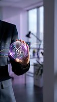 Businessman in dark suit holding glowing purple orb with upward arrow and growth chart symbols, representing financial success, data analytics, and business growth in modern office environment.