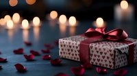 Gift box wrapped in heart pattern paper with burgundy ribbon bow on dark background with glowing candles and scattered red rose petals creating romantic mood.