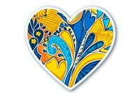 Decorative heart shape with vibrant blue and yellow floral pattern featuring swirling leaves and abstract ornamental elements on white background, ready for sticker design.