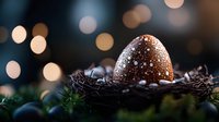 Chocolate Easter egg decorated with sugar sprinkles in dark nest with bokeh lights background creates magical holiday atmosphere.