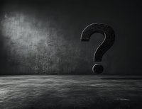 Large metallic question mark casting shadow on dark concrete wall and floor, dramatic lighting creates mysterious atmosphere for business concepts and problem solving.