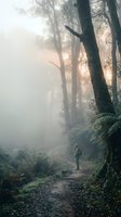 Lone hiker walking through misty forest path with dramatic sunlight filtering through tall trees and ferns creating atmospheric woodland scene.