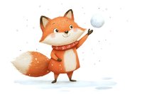 Cute cartoon fox character throwing snowball in winter scene with falling snow on white background for children books and holiday designs.