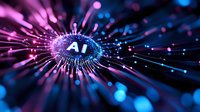Artificial intelligence concept with glowing AI text surrounded by dynamic light rays and digital particles on dark background for technology presentations.