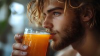 Young bearded man with curly blonde hair drinking fresh orange juice from glass, side view portrait in soft natural lighting with bokeh background.