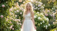 Young blonde Caucasian bride in elegant white wedding dress standing among blooming pink roses in romantic garden setting with soft natural lighting.