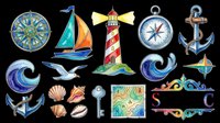Nautical maritime design elements collection isolated on transparent background, ready for t-shirt designs, clipart, stickers, sublimation and print-on-demand projects.