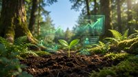 Green plant seedling growing from soil in forest with digital holographic data charts and graphs showing environmental sustainability metrics and growth analytics.