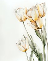 Delicate watercolor tulips in cream and yellow tones with soft green stems against white background, featuring transparent petals and gentle color transitions.