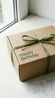 Kraft cardboard gift box with green raffia bow and Happy Birthday text, placed near a bright window on a linen surface.