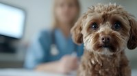 Brown poodle mix puppy looking at camera with curious expression while female veterinarian works in background at medical office, focus on dog face.