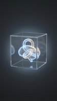 Glowing neon knot inside transparent glass cube on dark background. Futuristic design element for technology, innovation, and abstract concepts.