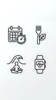 Wellness lifestyle icons set with calendar timer, organic fork, meditation pose and fitness tracker on white background for healthy living apps.