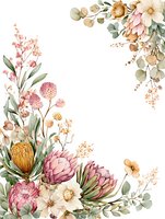Delicate watercolor floral frame with protea flowers, eucalyptus leaves, and blush pink blooms on white background, suitable for wedding stationery and invitations.