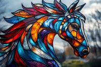 Mosaic style horse head with vibrant blue, orange, and red stained glass pattern against dramatic sky background, artistic animal portrait design.
