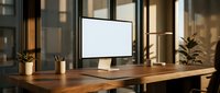 Modern workspace with blank computer monitor on wooden desk in bright office interior with plants and warm lighting for productivity and design mockups.