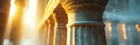 Ancient marble columns in warm sunlight with dramatic lens flare effect creating atmospheric architectural detail. Classical building interior with golden hour lighting.