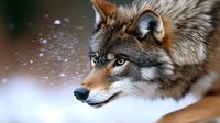 Gray wolf portrait in winter snow with intense amber eyes and detailed fur texture showcasing wild predator in natural snowy habitat.