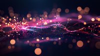 Abstract digital wave with glowing particles and bokeh lights in pink and purple colors against dark background, creating futuristic network visualization effect.