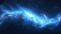 Luminous blue cosmic energy wave stretches across dark starry space, creating dramatic celestial formation with glowing nebula gases and ethereal light effects.