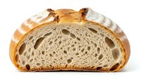 Artisan sourdough bread slice showing airy crumb structure with large holes, golden crust and rustic texture for bakery and food photography.