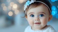 Smiling baby girl with bright blue eyes wearing white lace dress and floral headband against soft bokeh background in gentle winter tones. Portrait captures pure joy and innocence.