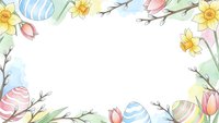 Spring Easter frame with colorful eggs, tulips, daffodils and willow branches on white background. Seasonal holiday border for greeting cards and decorations.