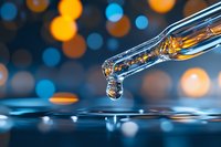 Glass dropper with liquid drop falling into water surface against blurred bokeh lights in blue and orange tones, macro photography with reflection.