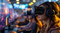 Young woman wearing VR headset and headphones in gaming arcade with colorful lights, experiencing virtual reality entertainment.