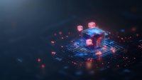Glowing digital cube with circuit paths and connected nodes emits neon blue and red light against dark background, representing blockchain technology and data processing.