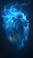 Majestic lion head formed from ethereal blue smoke and energy effects against dark background, creating mystical glowing art for fantasy designs.