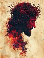 Side profile portrait in deep red and black tones showing a bearded man wearing crown of thorns, with dramatic smoke effect dissolving into textured background.