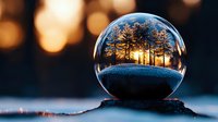 Magical winter forest scene captured in glass sphere with sunset glowing through silhouetted pine trees, snow covered ground and bokeh lights in background.