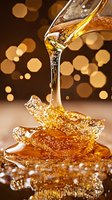 Golden honey pouring from jar onto honeycomb with bubbles and bokeh background, creating glossy reflection on wooden surface.