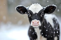 Young Holstein calf with snow flakes falling, close up portrait showing big eyes and pink nose against blurred winter background, black and white coloring.