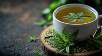 Hot herbal cannabis tea in white ceramic cup on rustic wooden slice, fresh green leaves garnish, dark moody background with copy space for wellness concept.