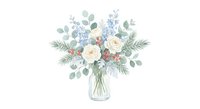 Winter floral arrangement with white roses, eucalyptus, pine branches and berries in glass vase isolated on white background for holiday decor.