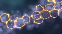 Glowing golden honeycomb molecular structure with hexagonal cells floating in dark blue space with bokeh effect and bright energy connections between elements.