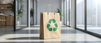 Brown paper shopping bag with green recycling symbol standing on modern office floor near large windows promoting sustainable eco-friendly retail practices.