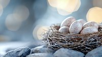 Speckled eggs nestled in natural twigs nest with soft bokeh lights in background creating dreamy spring atmosphere, selective focus on delicate spotted shells.