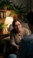 Senior Caucasian woman therapist with glasses listening attentively during counseling session in cozy office with plants and warm lighting for mental health care.